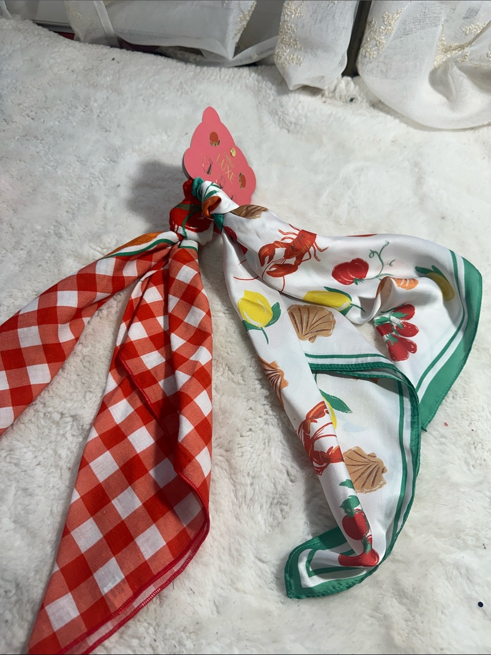 Capelli luxe set of 2 hair tie scarves lobster and tomatoe designs